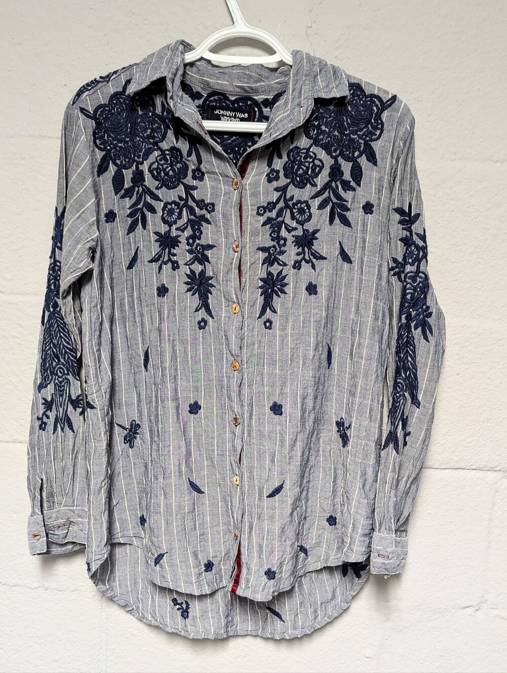Johnny Was Workshop Blouse Size XS Blue Stripe Heavy Embroidery